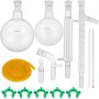 VEVOR distillation kit with glass flasks, tubing, clamps, and thermometer.