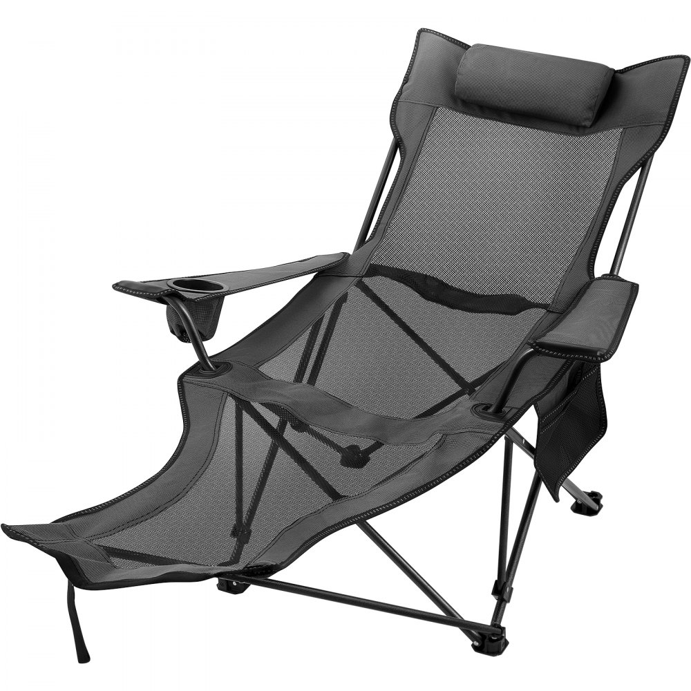 black VEVOR folding camp chair with headrest and armrest cup holder.