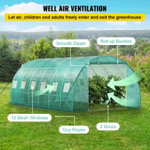 VEVOR Walk-in Tunnel Greenhouse, 20 x 10 x 7 ft Portable Plant Hot House w/ Galvanized Steel Hoops, 3 Top Beams, Diagonal Poles, 2 Zippered Doors & 12 Roll-up Windows, Green