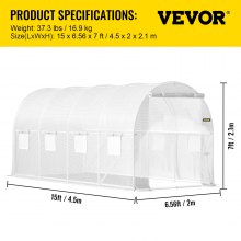 VEVOR Walk-in Tunnel Greenhouse, 15 x 6.5 x 7 ft Portable Plant Hot House w/ Galvanized Steel Hoops, 1 Top Beam, Diagonal Poles, Zippered Door & 8 Roll-up Windows, White