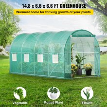 VEVOR Walk-in Tunnel Greenhouse, 14.8 x 6.6 x 6.6 ft Portable Plant Hot House w/ Galvanized Steel Hoops, 1 Top Beam, Diagonal Poles, Zippered Door & 8 Roll-up Windows, Green