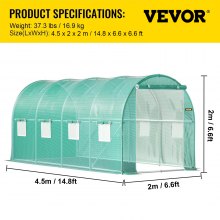 VEVOR Walk-in Tunnel Greenhouse, 14.8 x 6.6 x 6.6 ft Portable Plant Hot House w/ Galvanized Steel Hoops, 1 Top Beam, Diagonal Poles, Zippered Door & 8 Roll-up Windows, Green