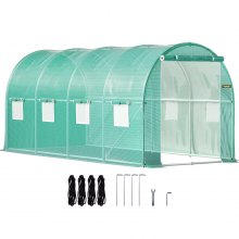 VEVOR Walk-in Tunnel Greenhouse, 14.8 x 6.6 x 6.6 ft Portable Plant Hot House w/ Galvanized Steel Hoops, 1 Top Beam, Diagonal Poles, Zippered Door & 8 Roll-up Windows, Green