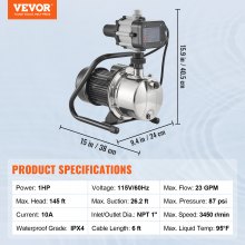 VEVOR Shallow Well Pump, 1 HP 115V, 1200 GPH 164 ft Head, Max 87 psi, Portable Stainless Steel Sprinkler Booster Jet Pumps with Automatic Controller for Garden Lawn Irrigation system, Water Transfer