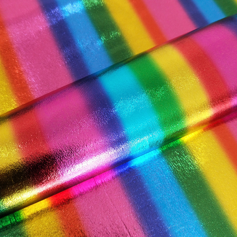 Wholesale 4 Way Stretch Rainbow Color Bronzing Fabric Sparkle Holographic Hot Stamp Fabric Colorful Gold Foil Fabric