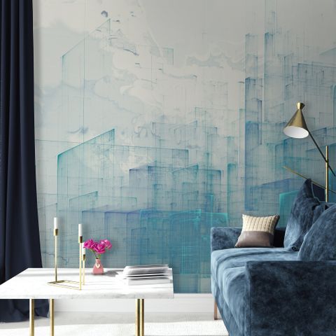 Abstract Blue Monochrome City Landscape Wallpaper Mural