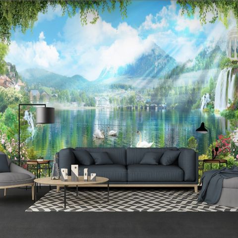 Waterfall and White Swan with Garden Flowers Landscape Wallpaper Mural