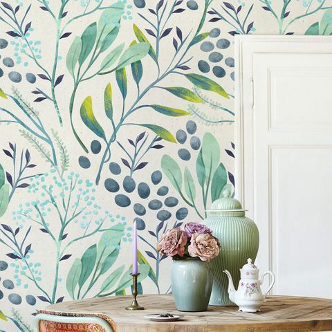 Green Leaf Branches with Berries Wallpaper Mural