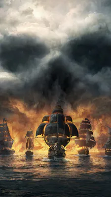 Pirate Ship, Fire, Smoke, Sails, Sea