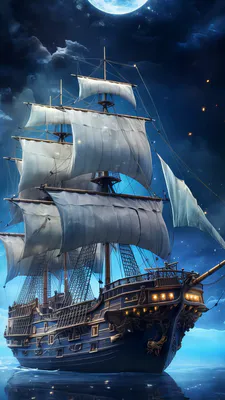 Ship, Sail, Night, Moon, Pirate Ship