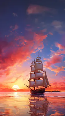 Sunset, Sea, Sails, Sky, Reflection