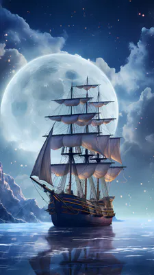 Ship, Moon, Stars, Night, Sea, Reflection, Sails