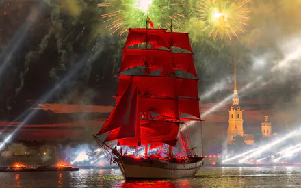 Sailboat, Ship, Fireworks