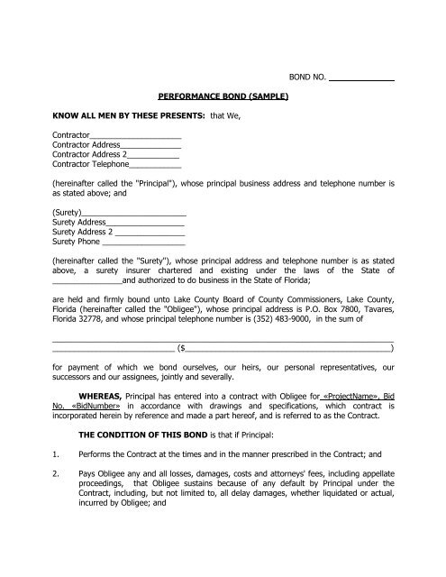 Sample Performance Bond - Lake County