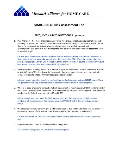 Missouri Alliance for HOME CARE MAHC-10 Fall Risk Assessment ...