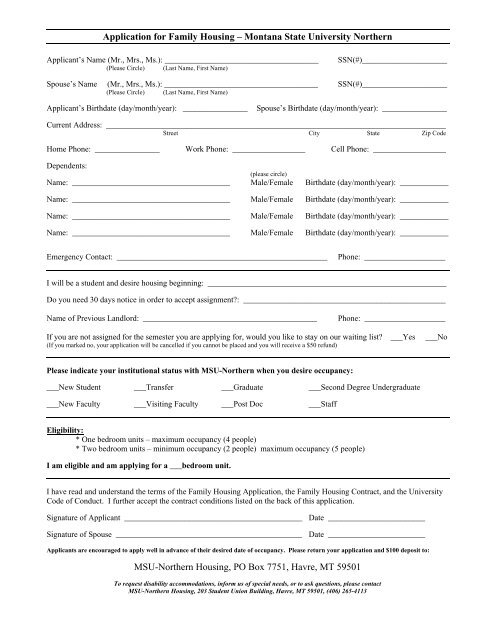 Family Housing Application - Montana State University-Northern