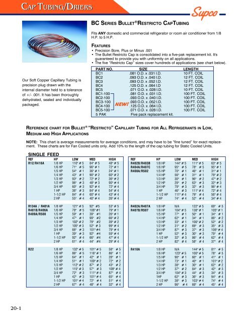 Cap Tube Sizing Chart