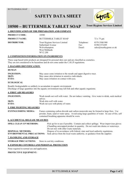 buttlermilk soap safety data sheet - Trust Hygiene Services