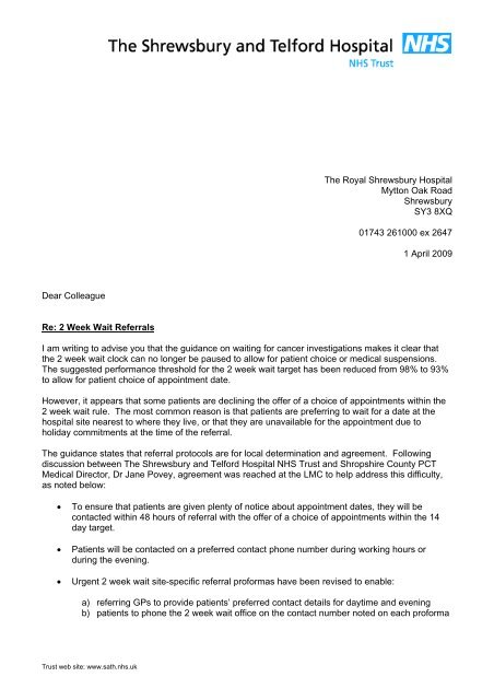 2 week wait letter for GP - Royal Shrewsbury Hospitals NHS Trust