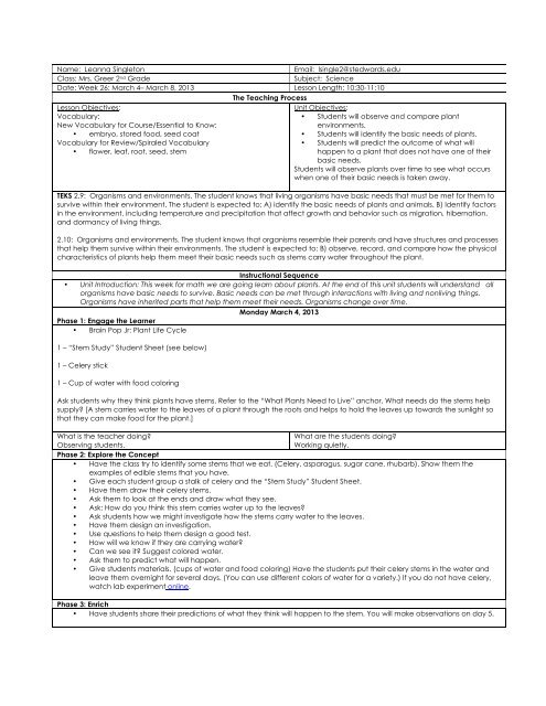 2nd Grade Science Lesson Plan Week 26 - St. Edwards University