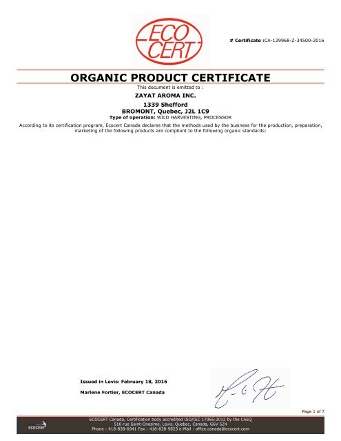 ORGANIC PRODUCT CERTIFICATE