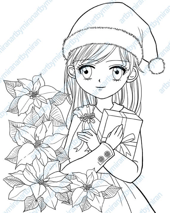 Christmas Digital Stamp Poinsettia and Girl Coloring page