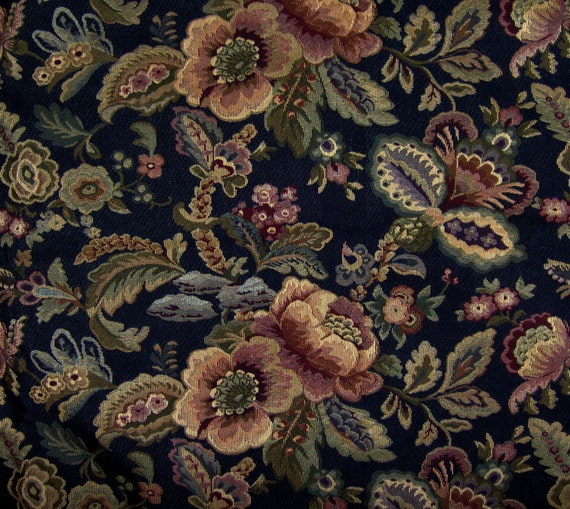 Vintage Floral Tapestry Fabric Home Dec Upholstery Woven Black