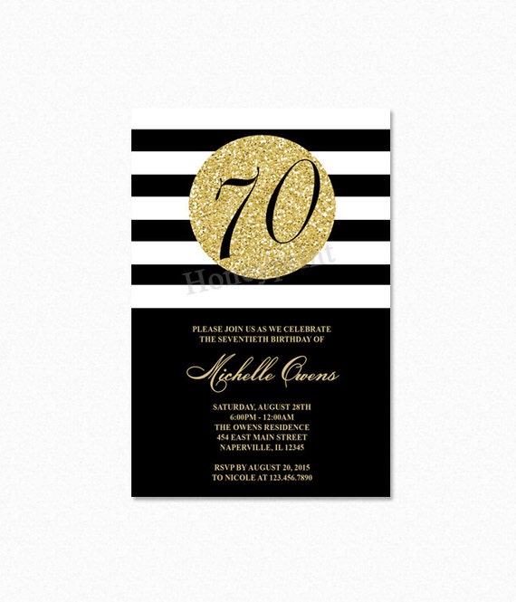 Gold and Black 70th Birthday Party Invitation, Black and White Stripes ...