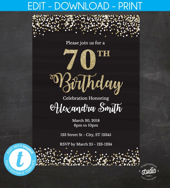 EDITABLE - 70th Birthday Invitation - 70th Birthday Invite, Black and ...