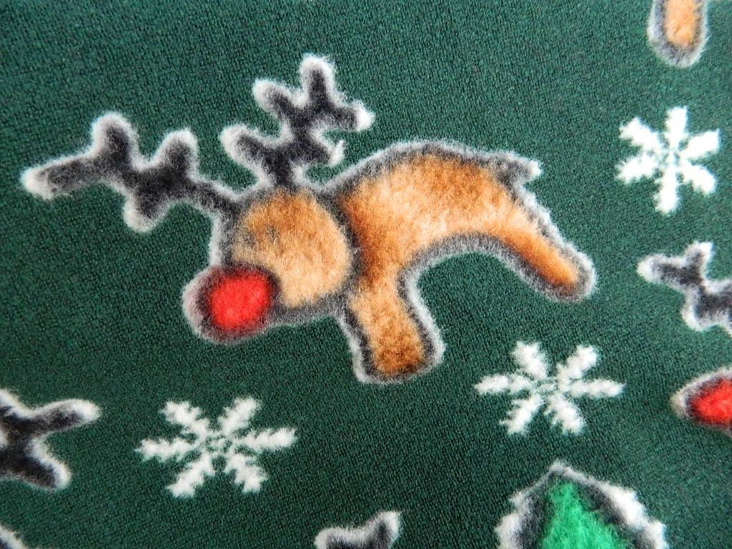 Green Fleece Fabric Destash Christmas Reindeer Print