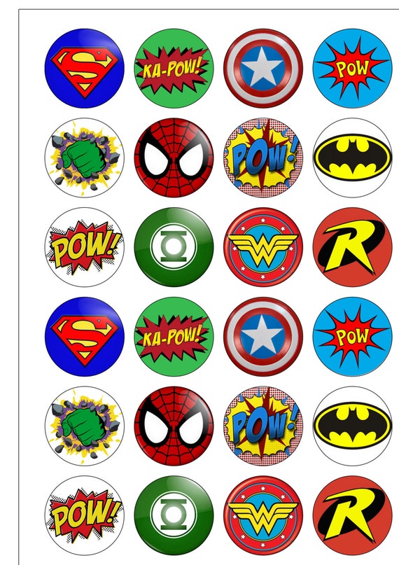 24 Precut 40mm Circle Superhero Logos Retro Edible Wafer Paper