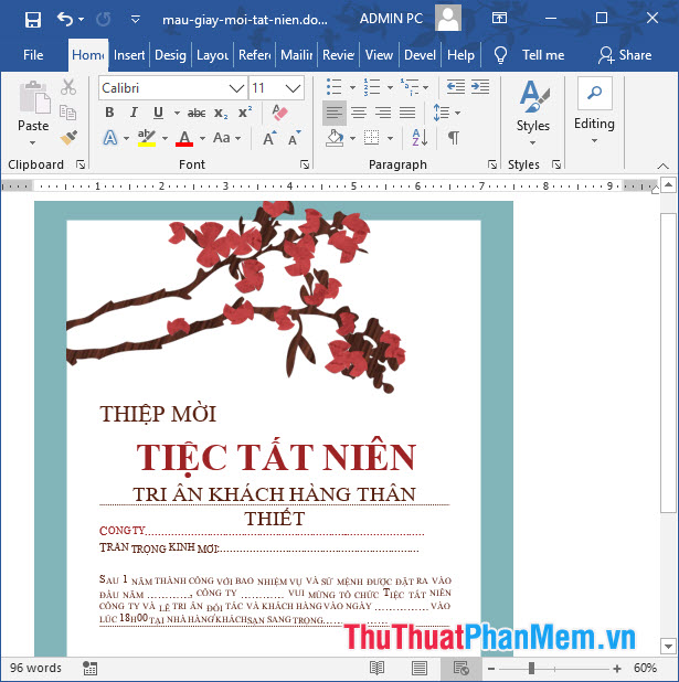 Mẫu thiệp file word: Bạn đang tìm kiếm mẫu thiệp mời hoàn chỉnh và dễ chỉnh sửa? Hãy tải xuống mẫu thiệp file Word này và tùy chỉnh theo ý muốn của bạn, dễ dàng và nhanh chóng. Với thiết kế đơn giản và tinh tế, bạn sẽ chắc chắn thu hút sự chú ý của khách mời.