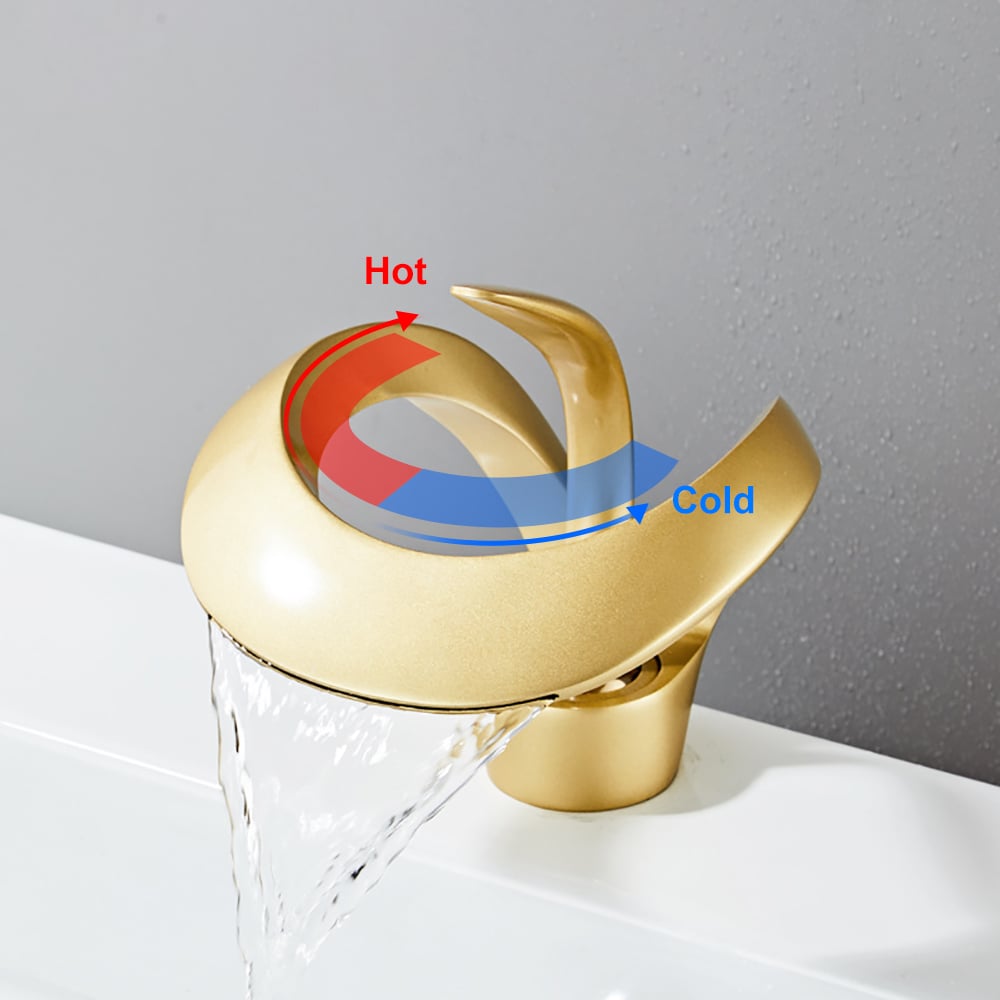 Waterfall Bathroom Sink Faucet in Gold Single Handle Solid Brass