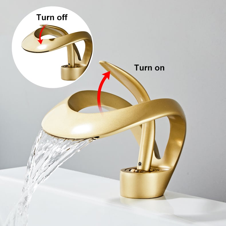 Waterfall Bathroom Sink Faucet in Gold Single Handle Solid Brass