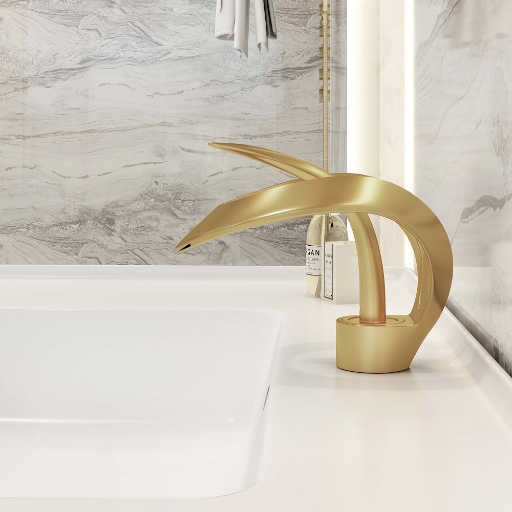 Waterfall Bathroom Sink Faucet in Gold Single Handle Solid Brass