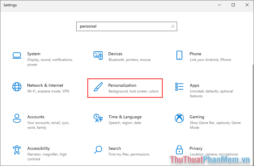 Chọn thẻ Personalization để thiết lập cá nhân hóa
