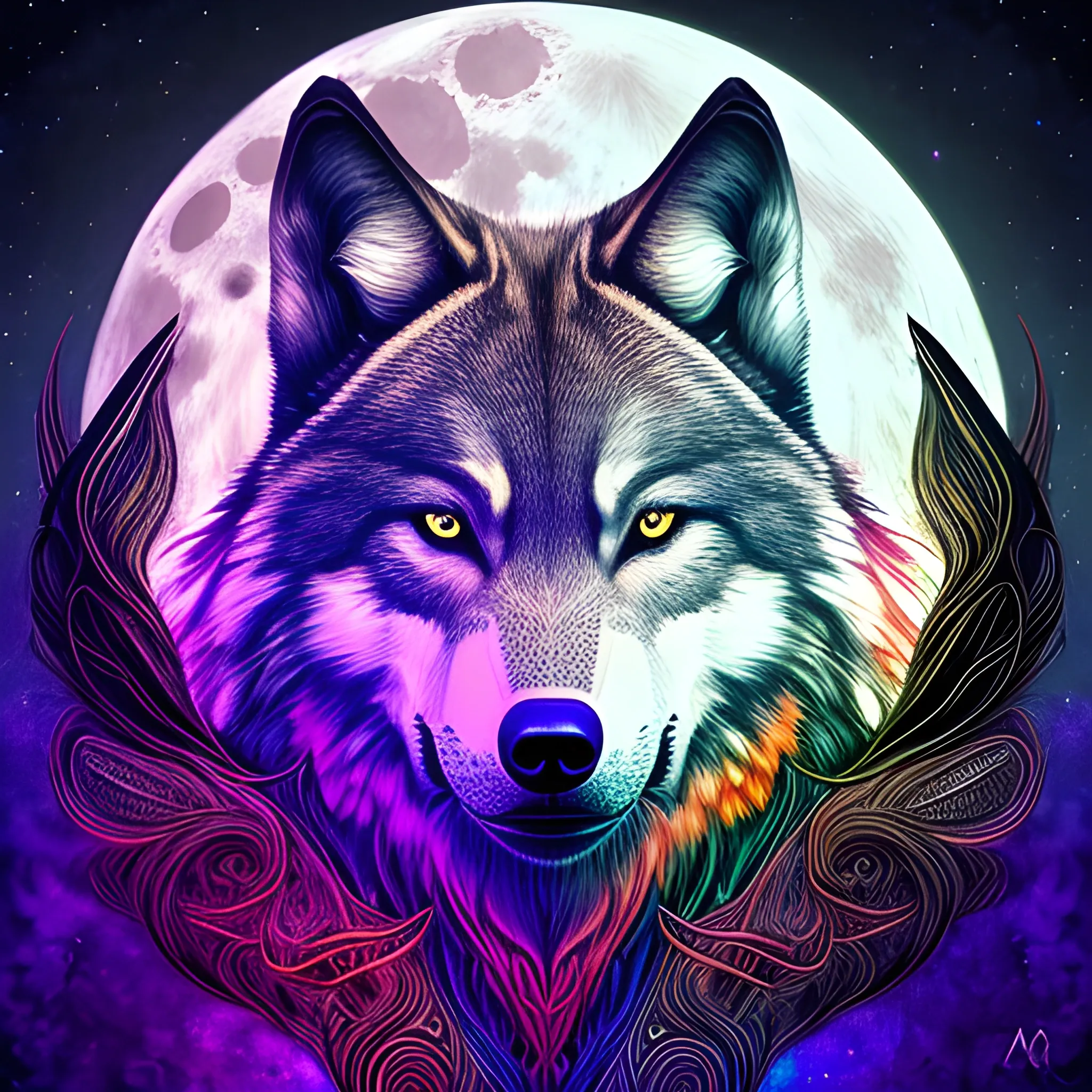 organic wolf portrait under the full moon hyper realistic style ...