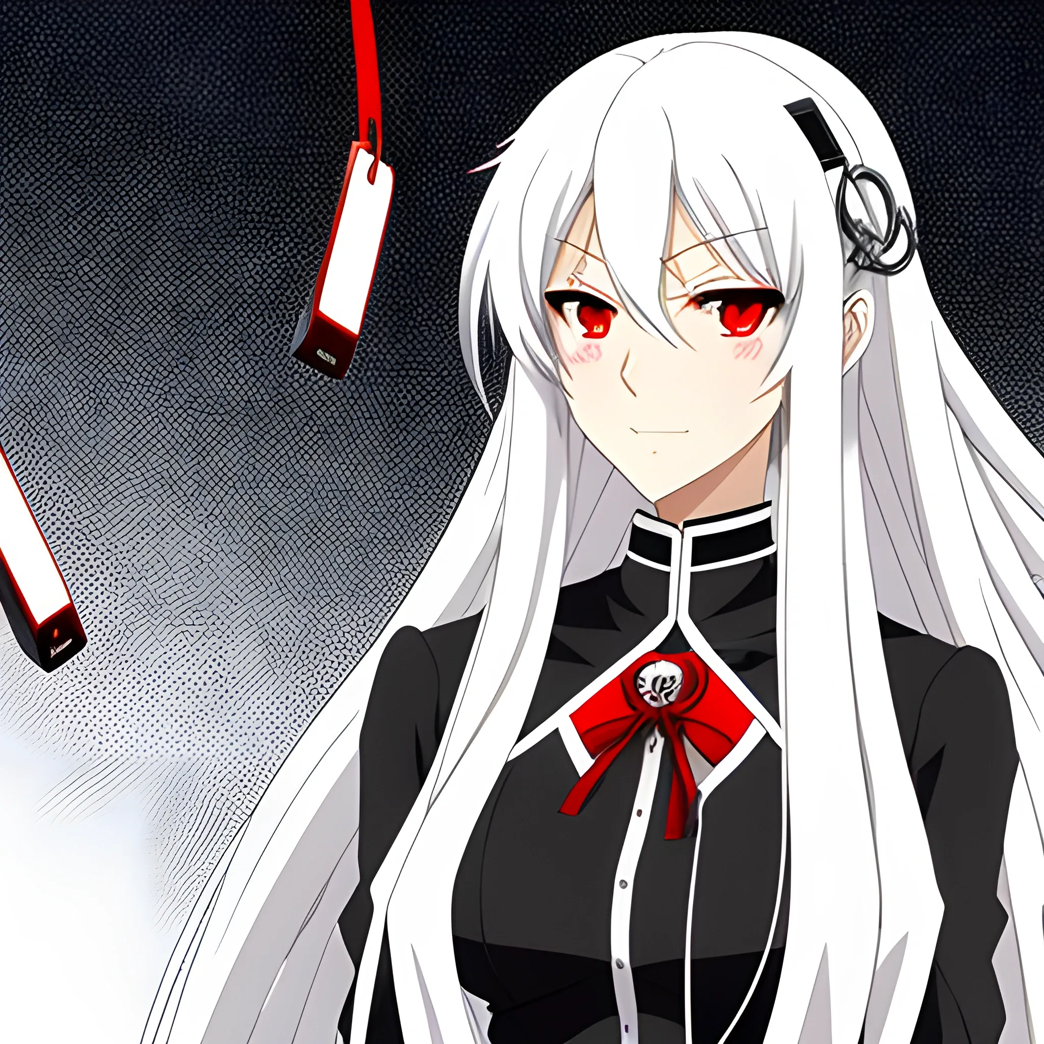 An anime girl who looks in her mid 20's, with long white hair, red eyes, and a black collar with a padlock on the front of it. Wearing an elegant white dress.