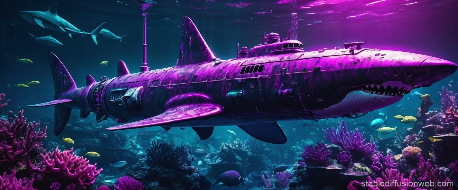 Submarine Surrounded by Shark and Marine Life