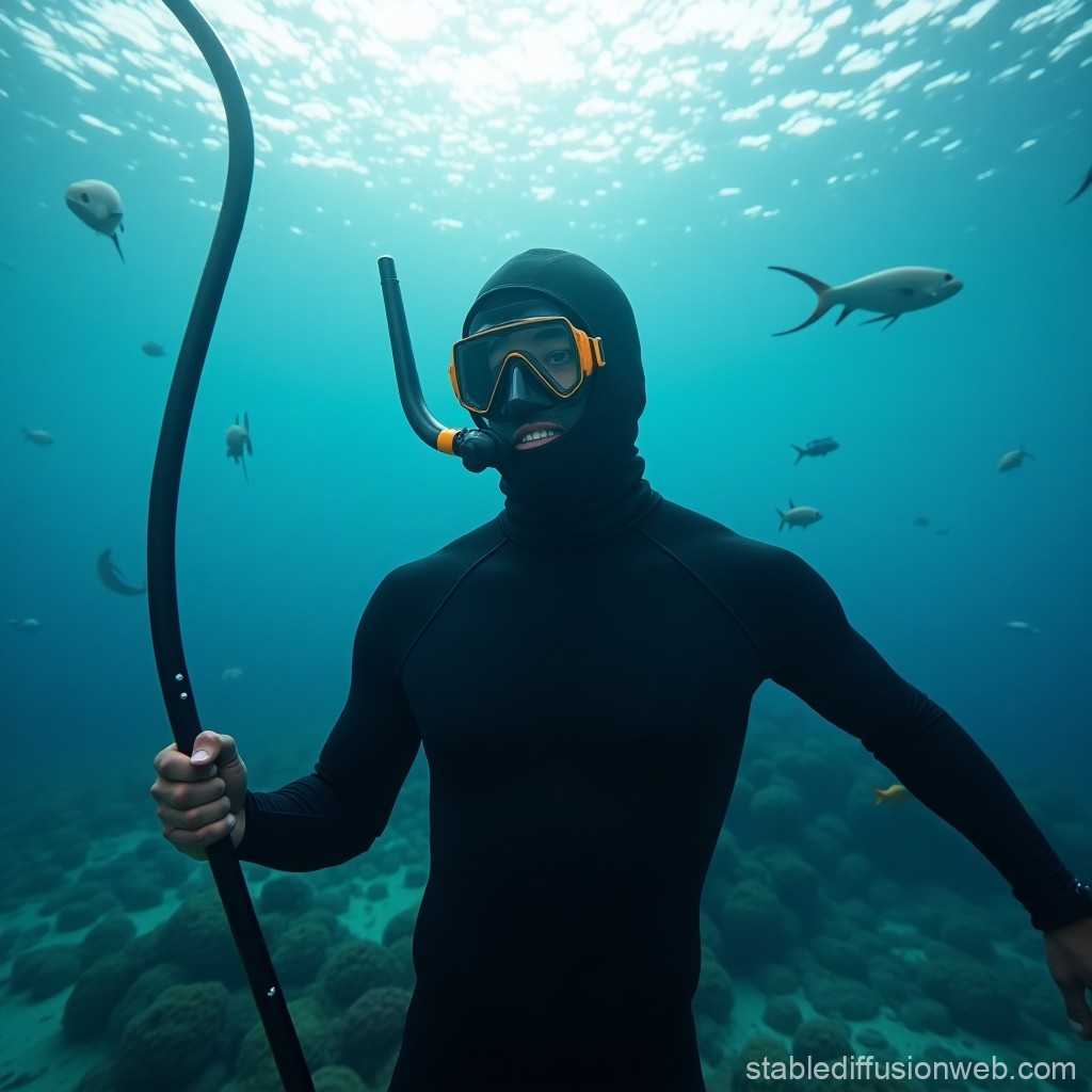 Snorkeler with Harpoon Amid Marine Life