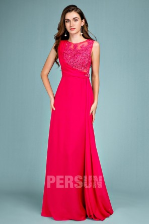 Robe de soirée cerise élégante longue appliqué jeu transparant