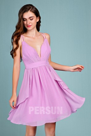 Robe de cocktail sexy lilas courte col V profond plissé