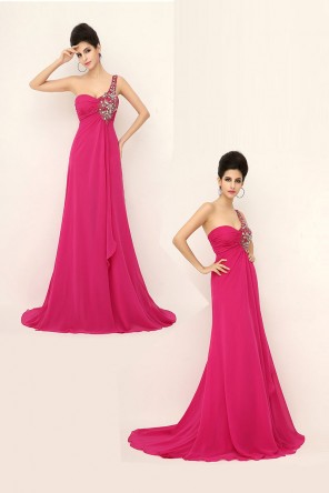 Robe de soirée longue rose fuchsia asymétrique brodée de bijoux