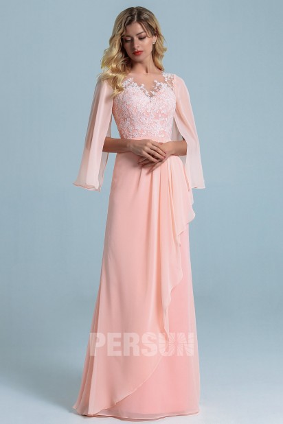 Robe soirée longue rose perle bustier brodé avec manche cape