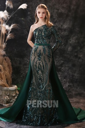 Chic robe de soirée sirène vert foncé en dentelle de sequins décolleté asymétrique