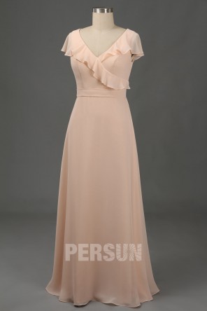 Robe longue col V volanté pour soirée de mariage vieux rose