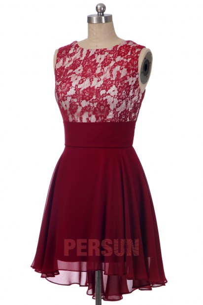 Robe cocktail courte rouge bordeaux débardeur haut dentelle style bascule