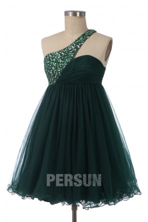 Robe de soirée / bal courte vert foncé asymétrique