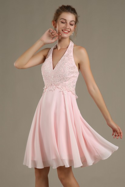 Robe rose perle halter appliquée de dentelle pour cocktail de mariage