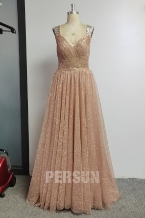 Robe de bal décolleté en V en sequins à mancheron orné de strass